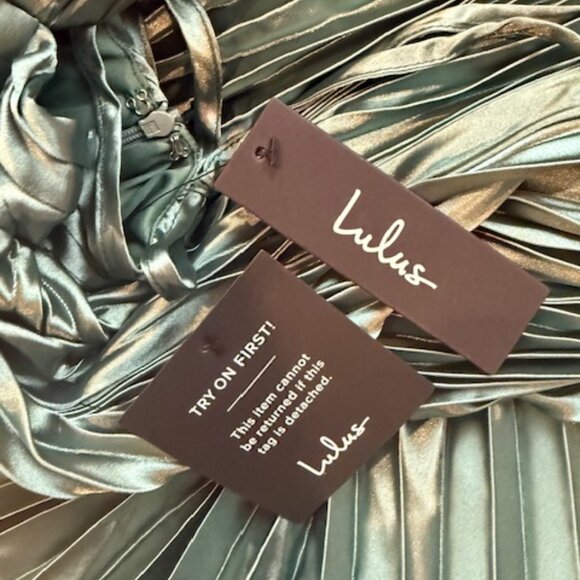 Lulus Exceptional Drama Sage Green Satin Lace-up Pleated Maxi Dress - Size L - Picture 5 of 5